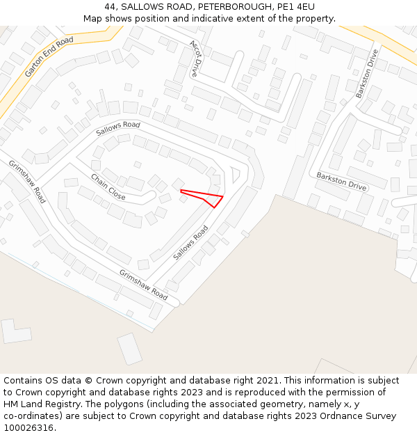 44, SALLOWS ROAD, PETERBOROUGH, PE1 4EU: Location map and indicative extent of plot
