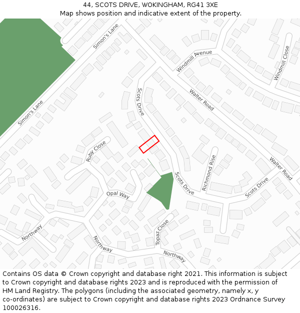 44, SCOTS DRIVE, WOKINGHAM, RG41 3XE: Location map and indicative extent of plot