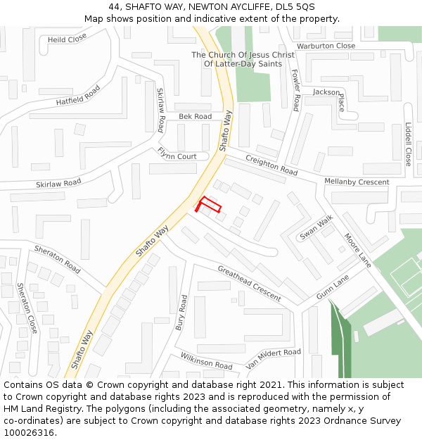 44, SHAFTO WAY, NEWTON AYCLIFFE, DL5 5QS: Location map and indicative extent of plot