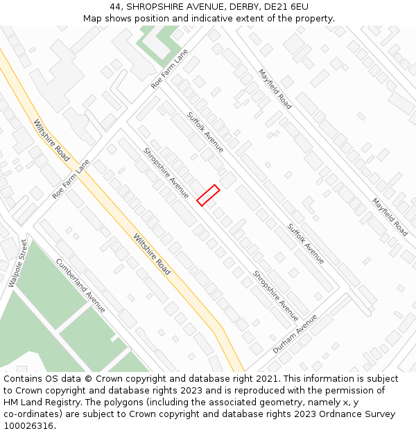 44, SHROPSHIRE AVENUE, DERBY, DE21 6EU: Location map and indicative extent of plot