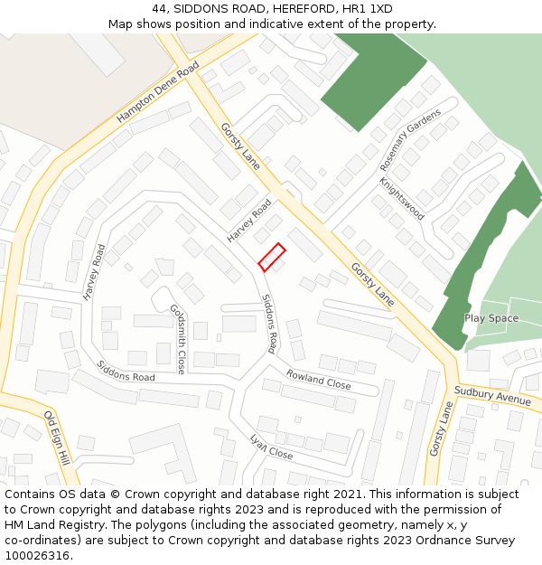 44, SIDDONS ROAD, HEREFORD, HR1 1XD: Location map and indicative extent of plot