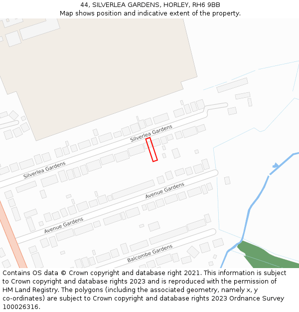 44, SILVERLEA GARDENS, HORLEY, RH6 9BB: Location map and indicative extent of plot