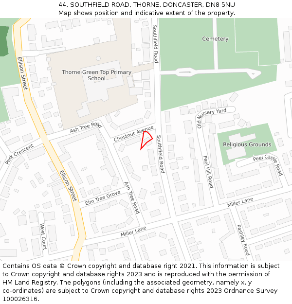 44, SOUTHFIELD ROAD, THORNE, DONCASTER, DN8 5NU: Location map and indicative extent of plot