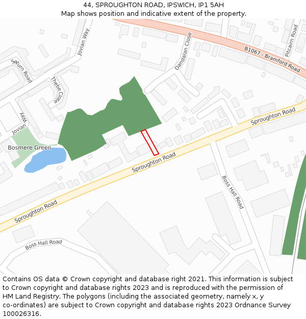 44, SPROUGHTON ROAD, IPSWICH, IP1 5AH: Location map and indicative extent of plot
