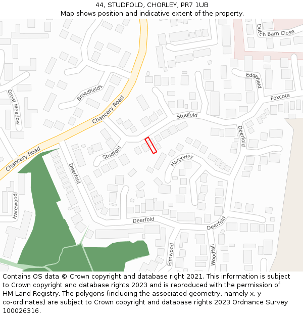 44, STUDFOLD, CHORLEY, PR7 1UB: Location map and indicative extent of plot