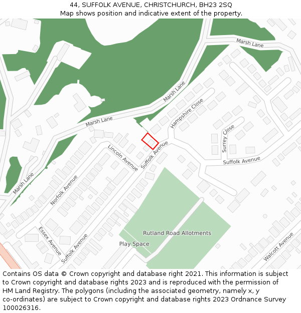 44, SUFFOLK AVENUE, CHRISTCHURCH, BH23 2SQ: Location map and indicative extent of plot