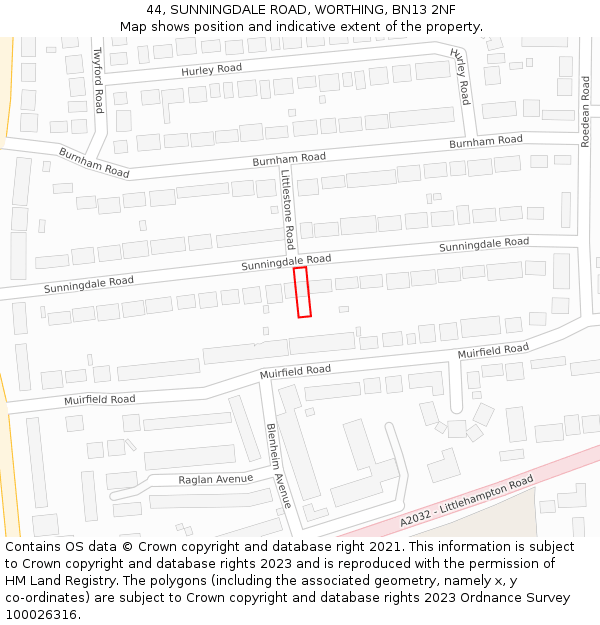 44, SUNNINGDALE ROAD, WORTHING, BN13 2NF: Location map and indicative extent of plot