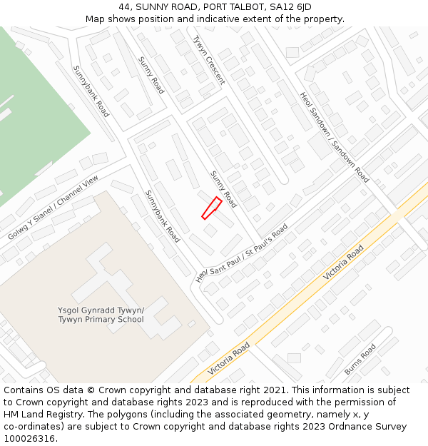 44, SUNNY ROAD, PORT TALBOT, SA12 6JD: Location map and indicative extent of plot