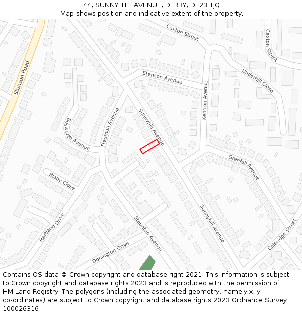 44, SUNNYHILL AVENUE, DERBY, DE23 1JQ: Location map and indicative extent of plot