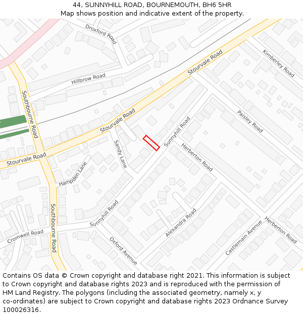 44, SUNNYHILL ROAD, BOURNEMOUTH, BH6 5HR: Location map and indicative extent of plot