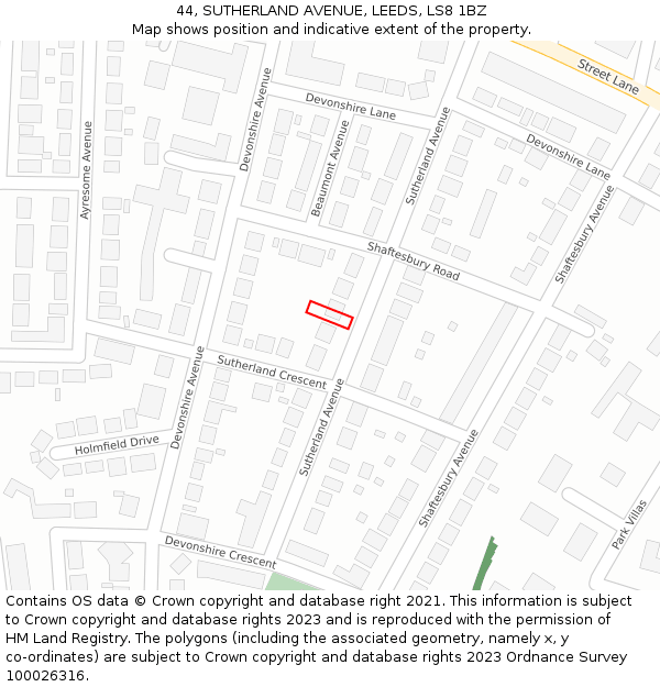 44, SUTHERLAND AVENUE, LEEDS, LS8 1BZ: Location map and indicative extent of plot
