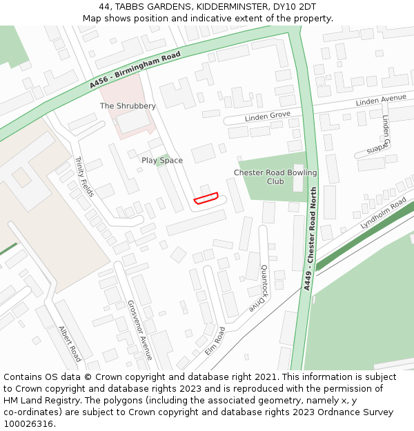 44, TABBS GARDENS, KIDDERMINSTER, DY10 2DT: Location map and indicative extent of plot
