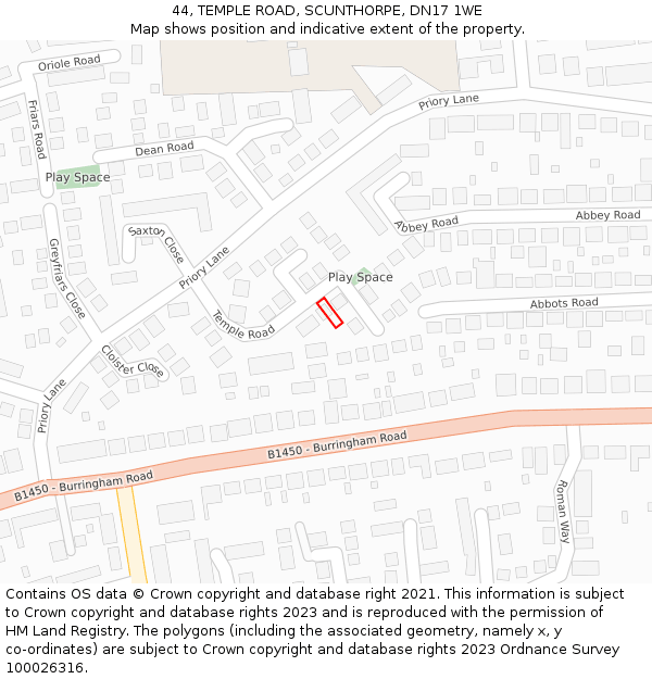 44, TEMPLE ROAD, SCUNTHORPE, DN17 1WE: Location map and indicative extent of plot
