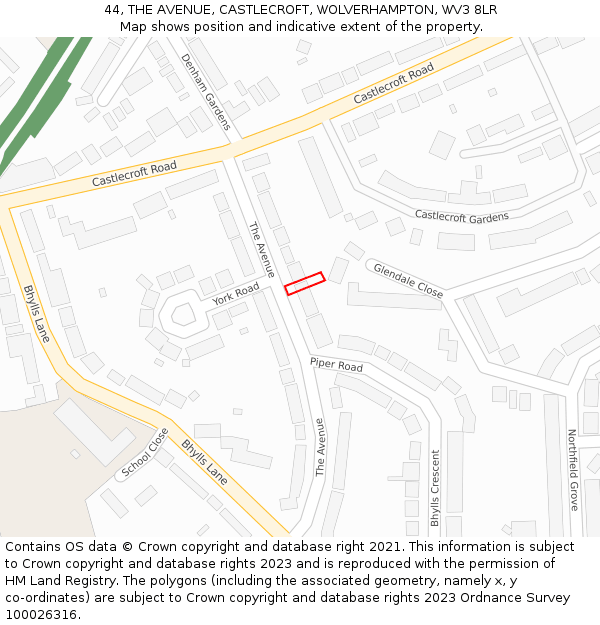 44, THE AVENUE, CASTLECROFT, WOLVERHAMPTON, WV3 8LR: Location map and indicative extent of plot