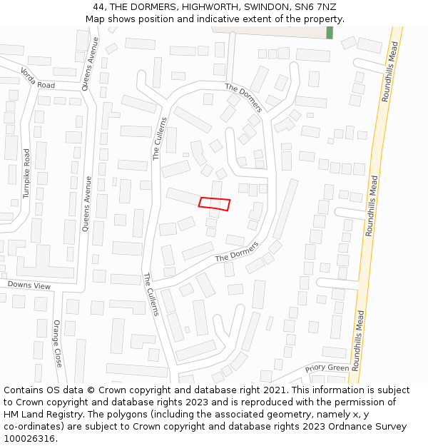 44, THE DORMERS, HIGHWORTH, SWINDON, SN6 7NZ: Location map and indicative extent of plot