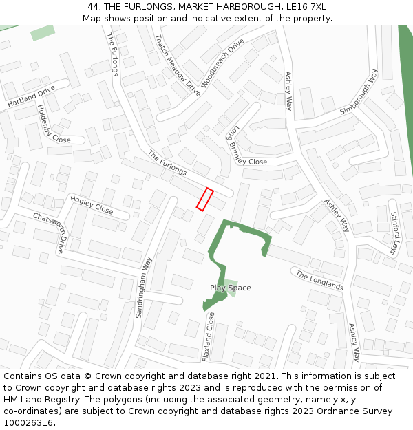44, THE FURLONGS, MARKET HARBOROUGH, LE16 7XL: Location map and indicative extent of plot