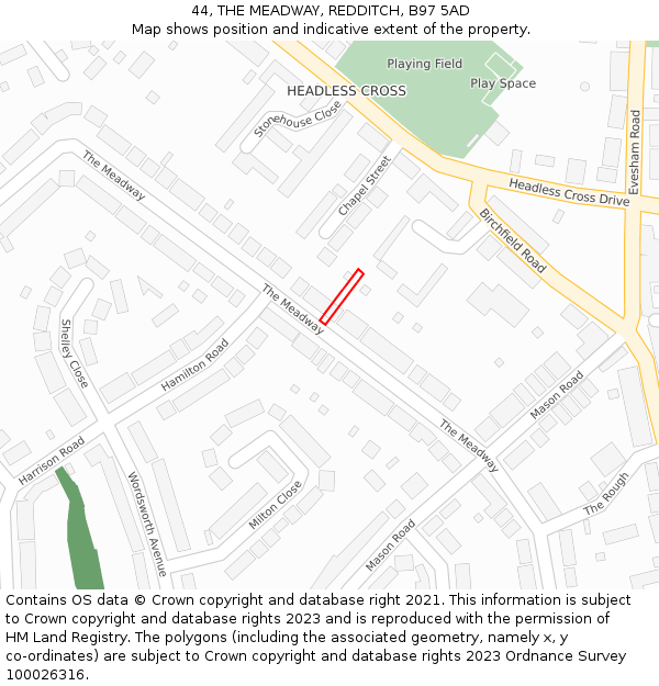 44, THE MEADWAY, REDDITCH, B97 5AD: Location map and indicative extent of plot
