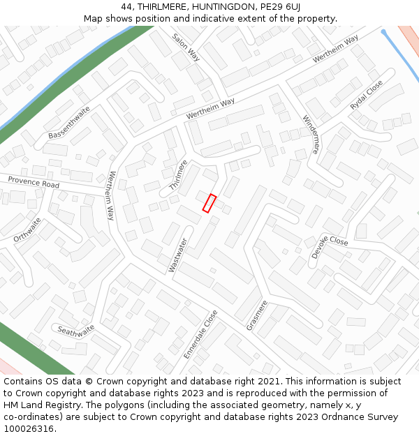 44, THIRLMERE, HUNTINGDON, PE29 6UJ: Location map and indicative extent of plot