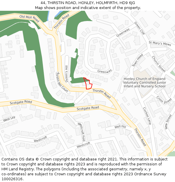 44, THIRSTIN ROAD, HONLEY, HOLMFIRTH, HD9 6JG: Location map and indicative extent of plot