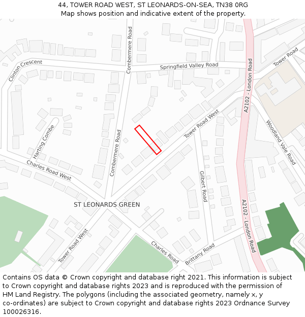 44, TOWER ROAD WEST, ST LEONARDS-ON-SEA, TN38 0RG: Location map and indicative extent of plot