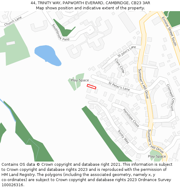 44, TRINITY WAY, PAPWORTH EVERARD, CAMBRIDGE, CB23 3AR: Location map and indicative extent of plot