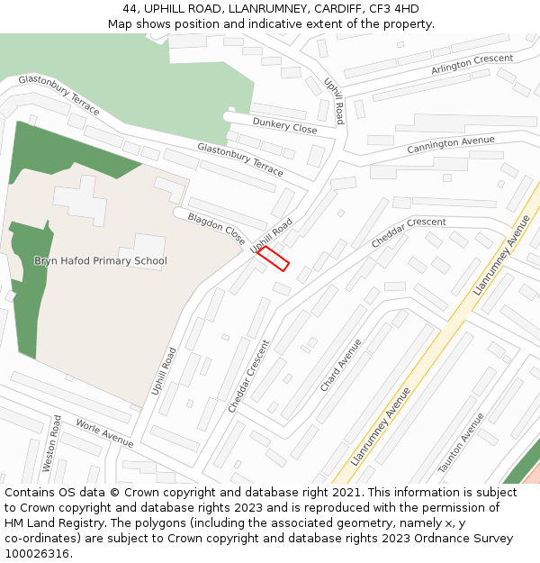 44, UPHILL ROAD, LLANRUMNEY, CARDIFF, CF3 4HD: Location map and indicative extent of plot