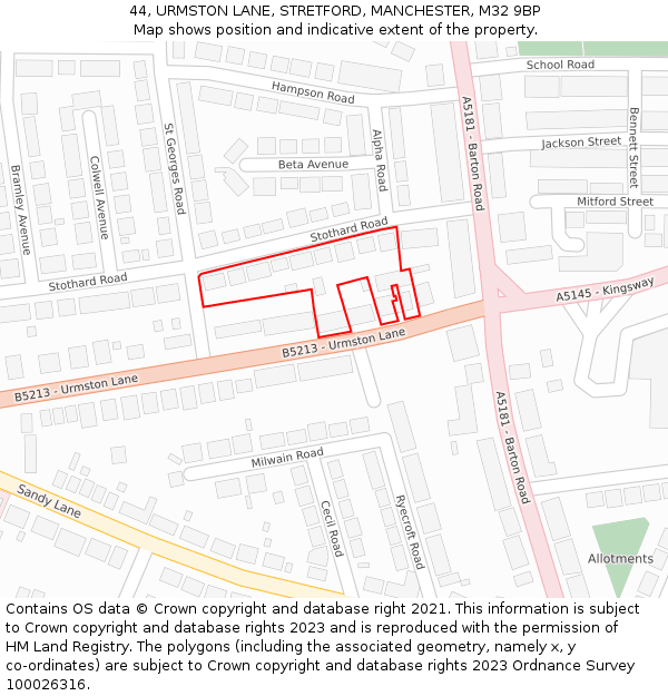 44, URMSTON LANE, STRETFORD, MANCHESTER, M32 9BP: Location map and indicative extent of plot