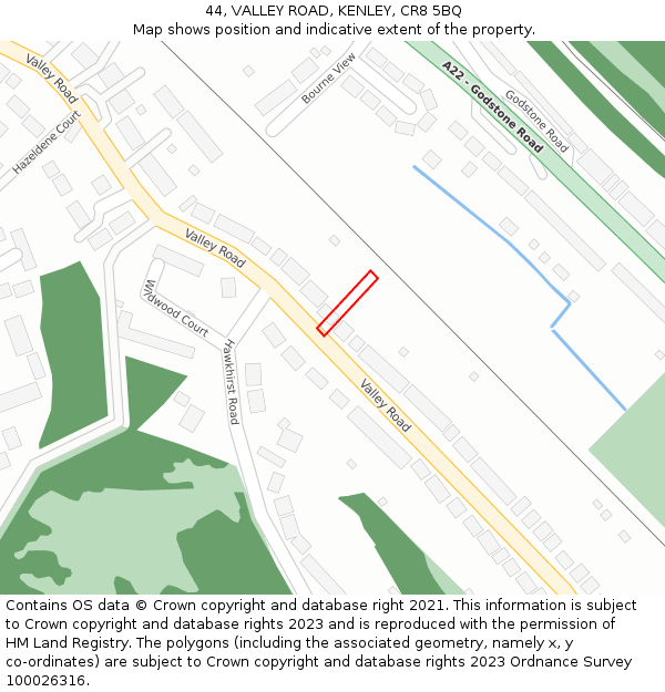 44, VALLEY ROAD, KENLEY, CR8 5BQ: Location map and indicative extent of plot