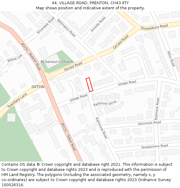 44, VILLAGE ROAD, PRENTON, CH43 6TY: Location map and indicative extent of plot