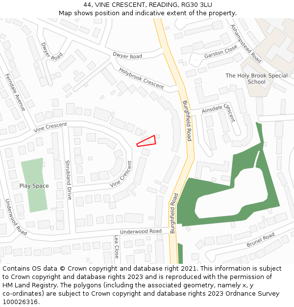 44, VINE CRESCENT, READING, RG30 3LU: Location map and indicative extent of plot