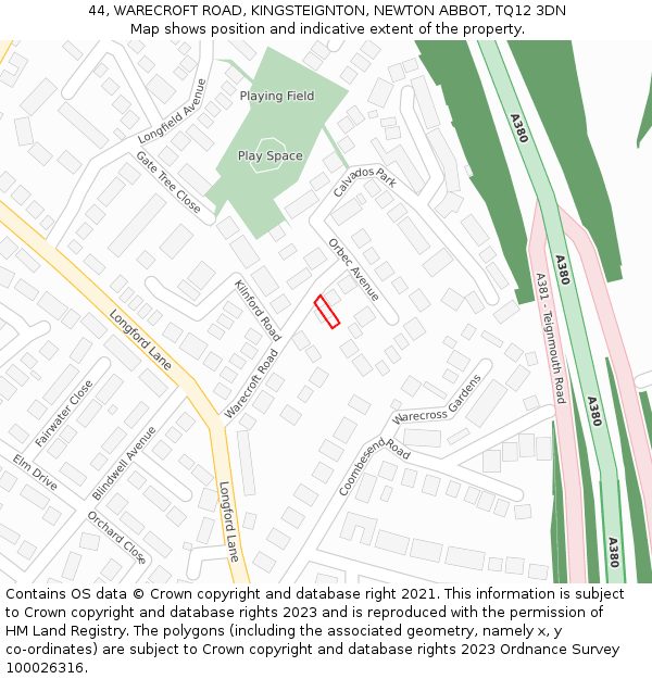 44, WARECROFT ROAD, KINGSTEIGNTON, NEWTON ABBOT, TQ12 3DN: Location map and indicative extent of plot