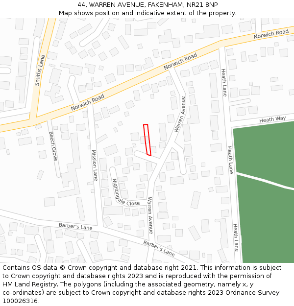 44, WARREN AVENUE, FAKENHAM, NR21 8NP: Location map and indicative extent of plot