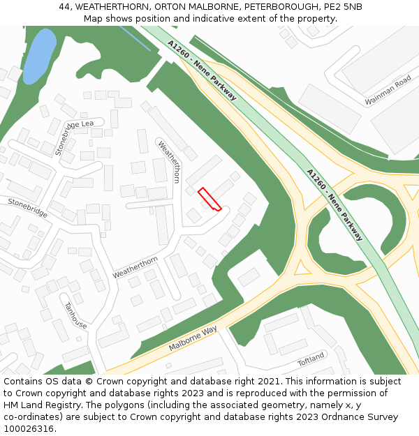 44, WEATHERTHORN, ORTON MALBORNE, PETERBOROUGH, PE2 5NB: Location map and indicative extent of plot