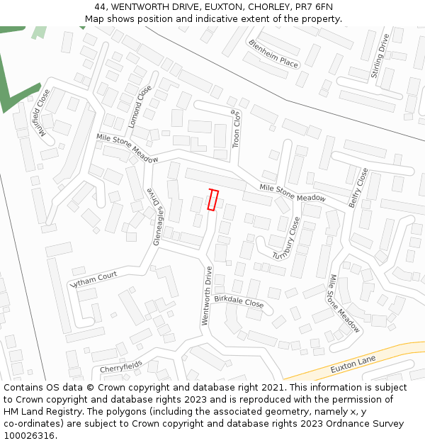 44, WENTWORTH DRIVE, EUXTON, CHORLEY, PR7 6FN: Location map and indicative extent of plot
