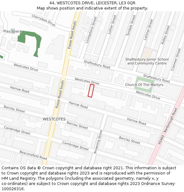 44, WESTCOTES DRIVE, LEICESTER, LE3 0QR: Location map and indicative extent of plot