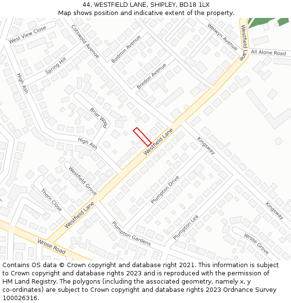 44, WESTFIELD LANE, SHIPLEY, BD18 1LX: Location map and indicative extent of plot