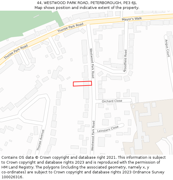 44, WESTWOOD PARK ROAD, PETERBOROUGH, PE3 6JL: Location map and indicative extent of plot