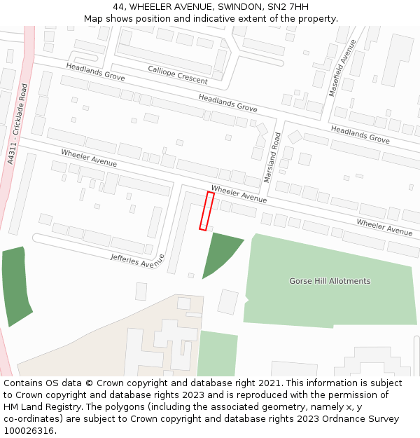 44, WHEELER AVENUE, SWINDON, SN2 7HH: Location map and indicative extent of plot