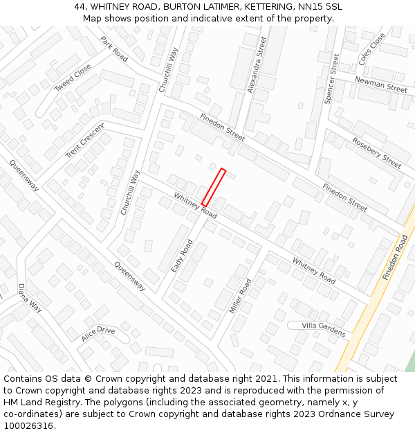 44, WHITNEY ROAD, BURTON LATIMER, KETTERING, NN15 5SL: Location map and indicative extent of plot