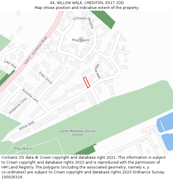 44, WILLOW WALK, CREDITON, EX17 1DD: Location map and indicative extent of plot