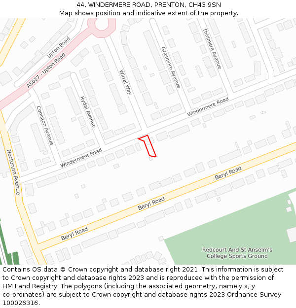 44, WINDERMERE ROAD, PRENTON, CH43 9SN: Location map and indicative extent of plot