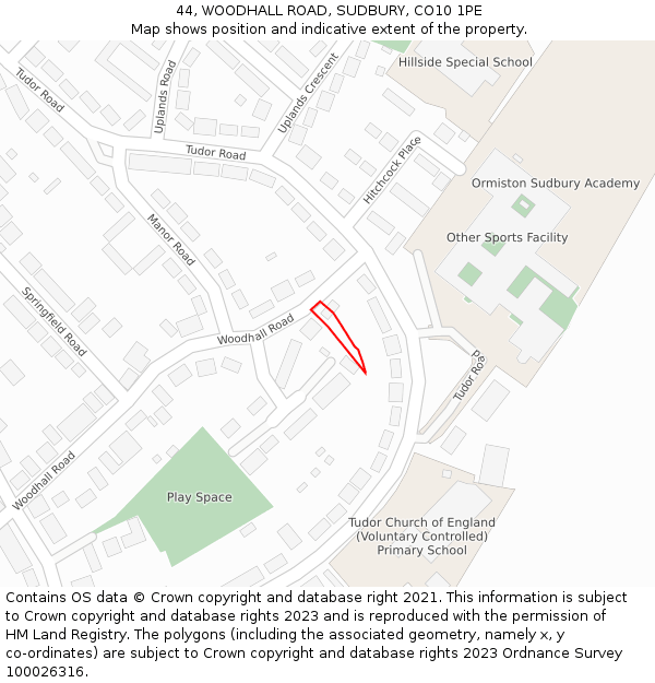 44, WOODHALL ROAD, SUDBURY, CO10 1PE: Location map and indicative extent of plot