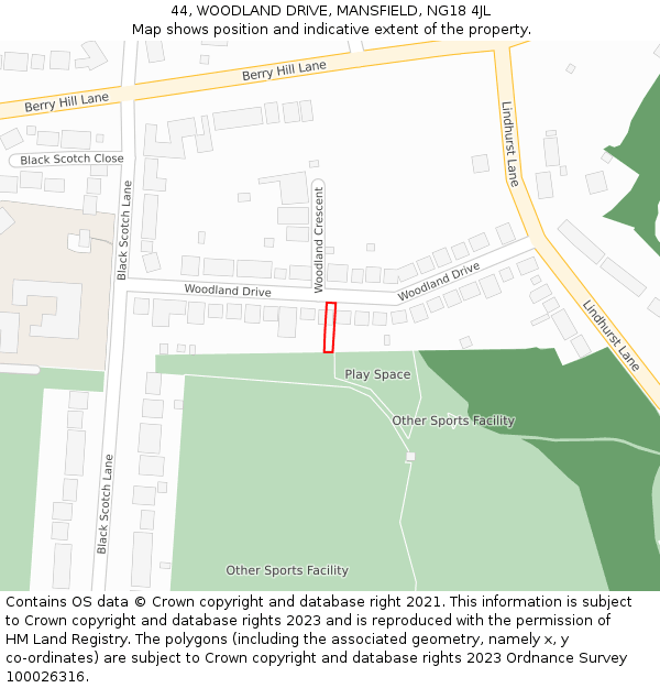 44, WOODLAND DRIVE, MANSFIELD, NG18 4JL: Location map and indicative extent of plot