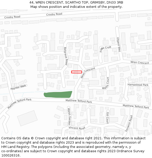 44, WREN CRESCENT, SCARTHO TOP, GRIMSBY, DN33 3RB: Location map and indicative extent of plot