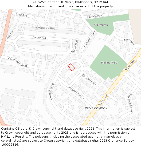 44, WYKE CRESCENT, WYKE, BRADFORD, BD12 9AT: Location map and indicative extent of plot