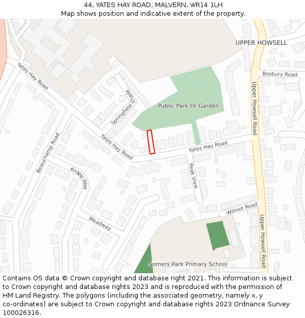 44, YATES HAY ROAD, MALVERN, WR14 1LH: Location map and indicative extent of plot