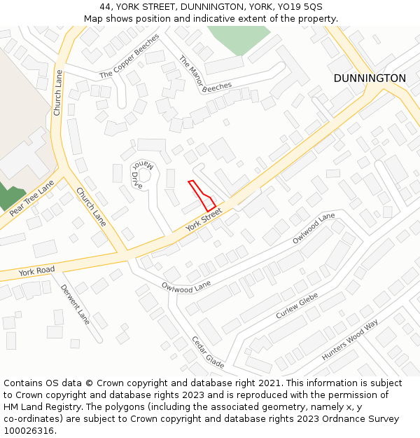 44, YORK STREET, DUNNINGTON, YORK, YO19 5QS: Location map and indicative extent of plot