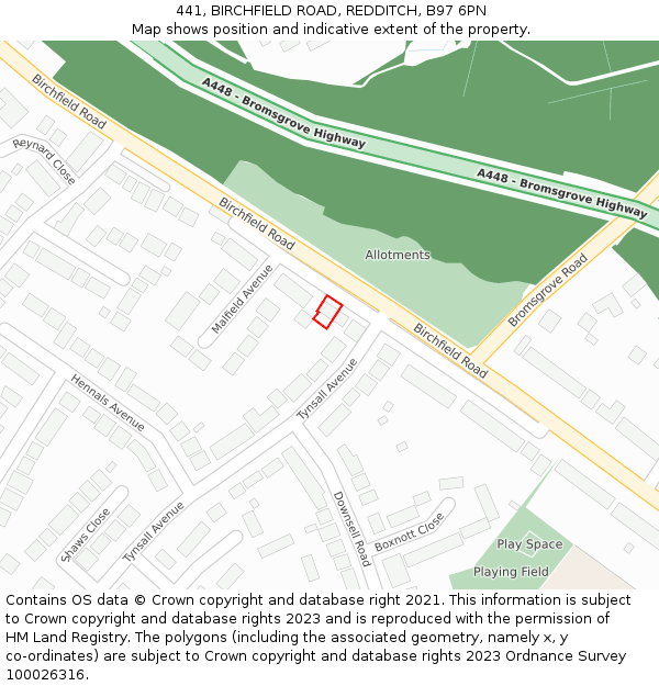 441, BIRCHFIELD ROAD, REDDITCH, B97 6PN: Location map and indicative extent of plot