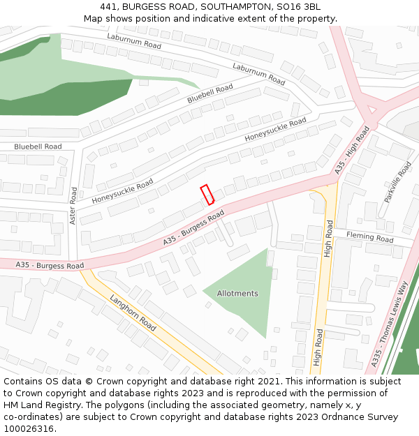 441, BURGESS ROAD, SOUTHAMPTON, SO16 3BL: Location map and indicative extent of plot