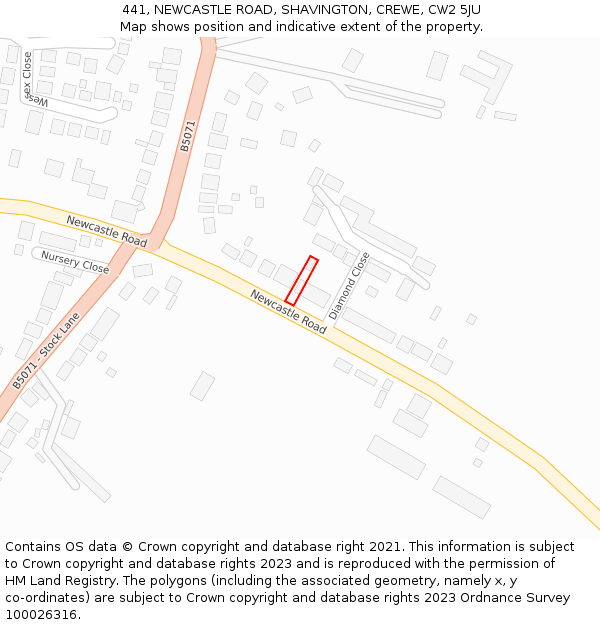 441, NEWCASTLE ROAD, SHAVINGTON, CREWE, CW2 5JU: Location map and indicative extent of plot